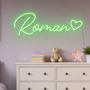 Roman Name LED Neon Sign - vivid green cursive script with heart on contour cut acrylic