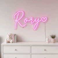 Rory Name LED Neon Sign - hot pink cursive script with heart on contour cut acrylic
