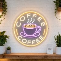 Round Coffee Cup LED neon sign on circular clear acrylic backing mounted on white brick wall