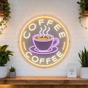 Round Coffee Cup LED neon sign on circular clear acrylic backing mounted on white brick wall
