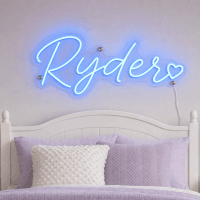 Ryder Name LED Neon Sign - electric blue cursive script with heart on contour cut acrylic