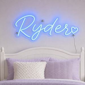 Ryder Name LED Neon Sign - electric blue cursive script with heart on contour cut acrylic
