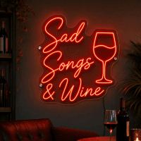Sad Songs and Wine neon sign glowing in a cozy bar