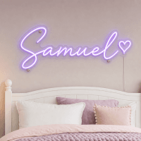 Samuel Name LED Neon Sign - warm purple cursive script with heart on contour cut acrylic
