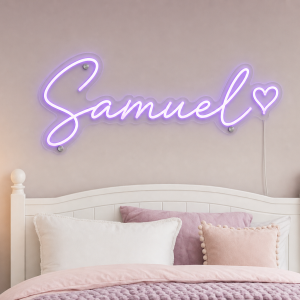 Samuel Name LED Neon Sign - warm purple cursive script with heart on contour cut acrylic