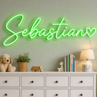 Sebastian Name LED Neon Sign - vivid green cursive script with heart on contour cut acrylic