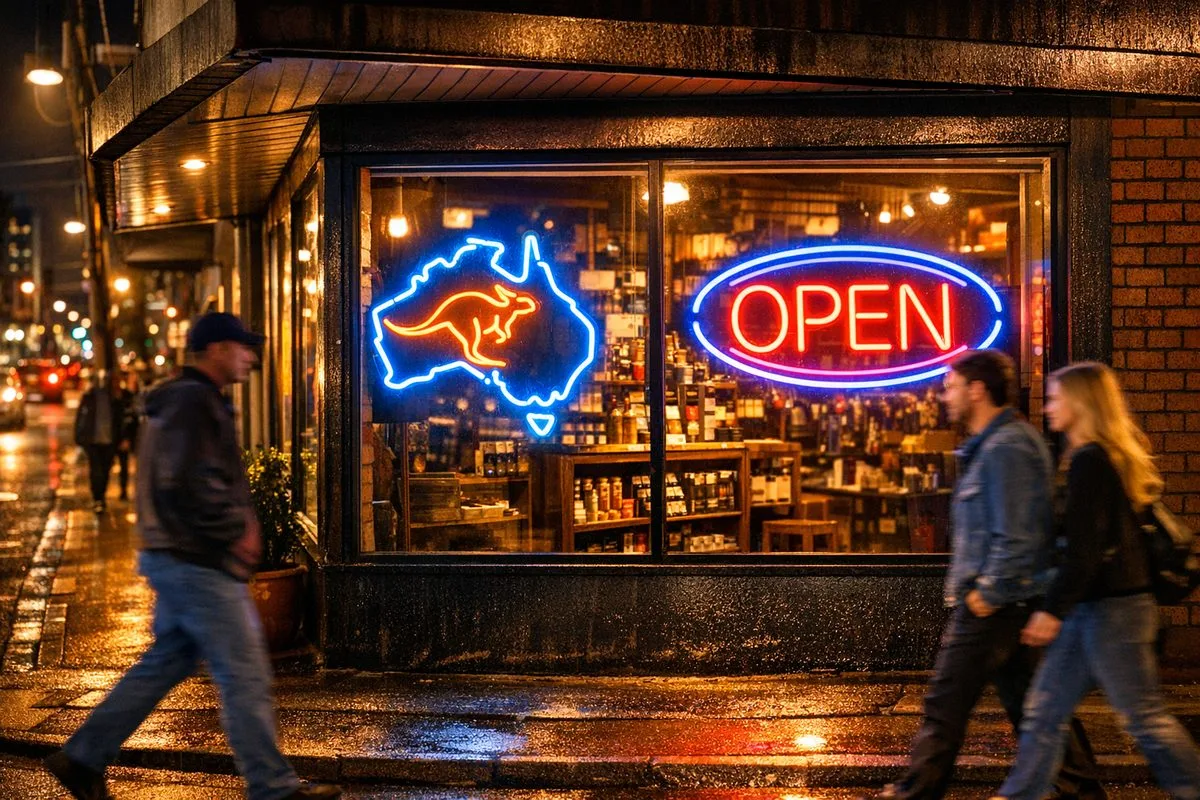 Business shopfront window neon sign at night