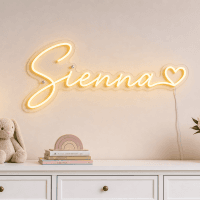 Sienna Name LED Neon Sign - warm golden yellow cursive script with heart on contour cut acrylic