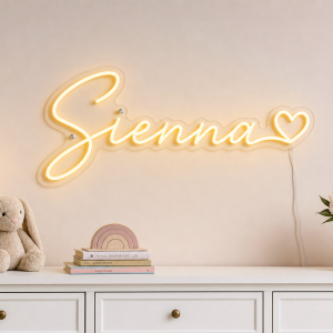 Sienna Name LED Neon Sign - warm golden yellow cursive script with heart on contour cut acrylic