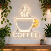 Simple Coffee Cup Icon LED neon sign on clear acrylic backing mounted on white brick wall