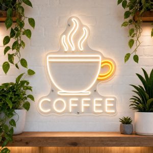 Simple Coffee Cup Icon LED neon sign on clear acrylic backing mounted on white brick wall