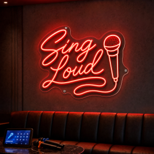 sing-loud-neon-sign Sing Loud LED neon sign glowing in music venue