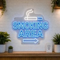 Smoking Area LED neon sign with cigarette and directional arrow icons on clear acrylic backing