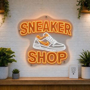 Sneaker Shop LED neon sign with sneaker shoe silhouette icon on clear acrylic backing mounted on white brick wall