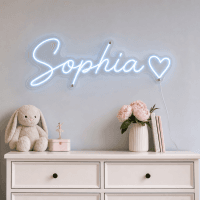 Sophia Name LED Neon Sign - ice blue cursive script with heart on contour cut acrylic