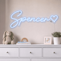 Spencer Name LED Neon Sign - ice blue cursive script with heart on contour cut acrylic
