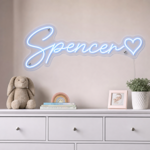 Spencer Name LED Neon Sign - ice blue cursive script with heart on contour cut acrylic