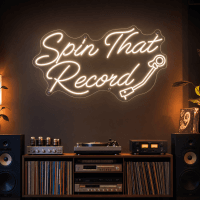 Spin That Record LED neon sign with record player icon