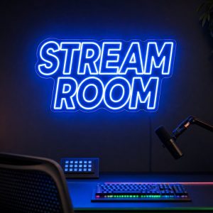 Stream Room LED neon sign in electric blue in modern gaming office with premium black desk