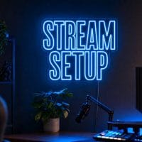Stream Setup Neon Sign Stream Setup LED neon sign in blue in premium streaming desk with realistic gaming room
