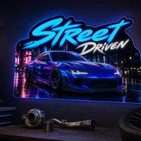 Street Driven LED neon sign mounted on garage wall