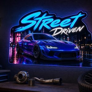 Street Driven LED neon sign mounted on garage wall