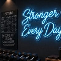 Ice Blue 'Stronger Every Day' neon sign mounted on a dark moody training space wall, with gym equipment subtly blurred in the background.