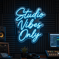 studio-vibes-only-neon-sign Studio Vibes Only neon sign glowing in a creative studio environment