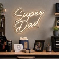 Custom Super Dad LED neon sign for Father's Day gifts and man caves. Contour-cut acrylic backing, si
