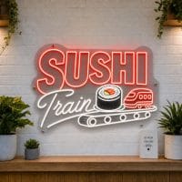 Sushi Train LED neon sign with conveyor belt and sushi icons on clear acrylic backing