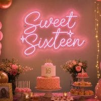 Custom Sweet Sixteen LED neon sign for 16th birthday parties. Contour-cut acrylic backing, silver sc