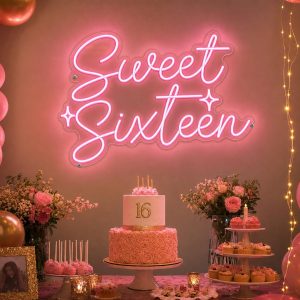 Custom Sweet Sixteen LED neon sign for 16th birthday parties. Contour-cut acrylic backing, silver sc