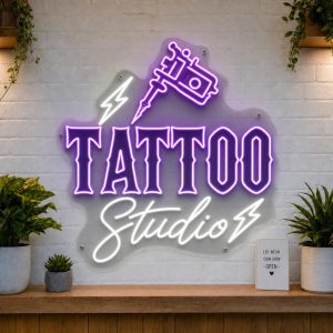 Tattoo Studio LED neon sign with tattoo machine and flash art icons on clear acrylic backing
