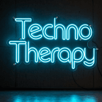 Techno Therapy neon sign glowing in dark room