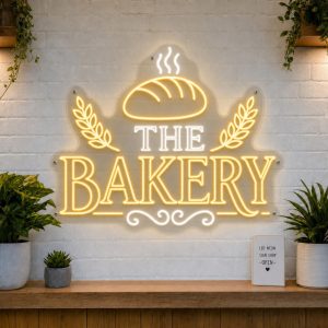 the-bakery-led-neon-sign The Bakery LED neon sign with fresh loaf of bread and wheat sheaf icons on clear acrylic backing