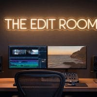 The Edit Room Neon Sign The Edit Room LED neon sign in warm white above editing station in luxury video editing setup