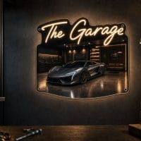 The Garage LED neon sign mounted on garage wall