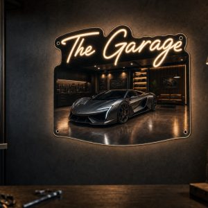 The Garage LED neon sign mounted on garage wall