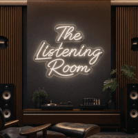 The Listening Room neon sign glowing on wall