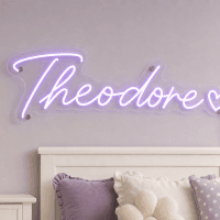 Theodore Name LED Neon Sign - warm purple cursive script with heart on contour cut acrylic
