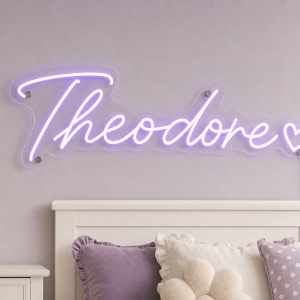 Theodore Name LED Neon Sign - warm purple cursive script with heart on contour cut acrylic