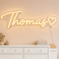Thomas Name LED Neon Sign - warm amber cursive script with heart on contour cut acrylic