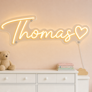 Thomas Name LED Neon Sign - warm amber cursive script with heart on contour cut acrylic