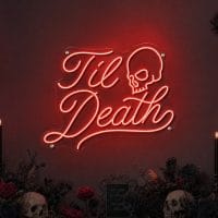 Custom Til Death LED neon sign for Halloween weddings and gothic celebrations. Contour-cut acrylic b