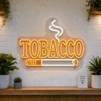 Tobacco LED neon sign with tobacco leaf and cigarette icons on clear acrylic backing