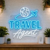Travel Agent LED neon sign with globe and airplane icons on clear acrylic backing