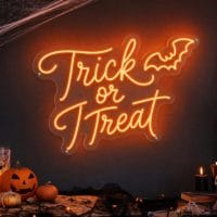 Custom Trick or Treat Halloween LED neon sign for Halloween parties. Contour-cut acrylic backing, si