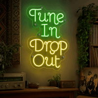 tune-in-drop-out-neon-sign Tune In Drop Out LED neon sign glowing in a room