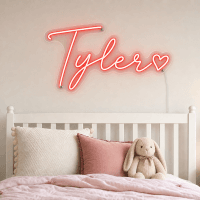Tyler Name LED Neon Sign - vivid red cursive script with heart on contour cut acrylic