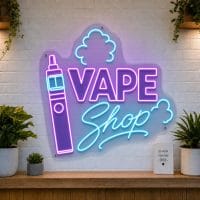 Vape Shop LED neon sign with vape device and cloud vapour icons on clear acrylic backing